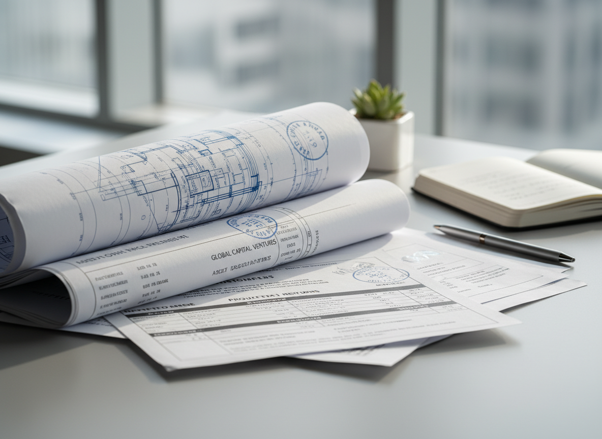 A detailed macro shot of a stack of architectural blueprints and real estate investment documents neatly arranged on a smooth, neutral-toned desk. The papers feature precise lines, structured tables, and faded blue visa stamps, exuding technical accuracy. Subtle, soft morning light from a nearby window casts gentle highlights across the textures of weighted paper and embossed logos, creating defined but understated shadows beneath the stack. The setting suggests a thoughtfully prepared workspace. The mood is calm, meticulous, and intellectually stimulating, presented through a minimalist, photographic lens in a clean, modern style—projecting expertise and professionalism for investors.
